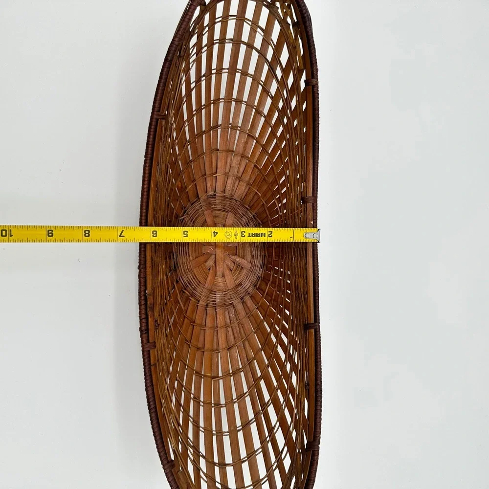 Vintage Bamboo Wicker Boat Basket 17in Brown MCM Fruit Centerpiece Bowl
